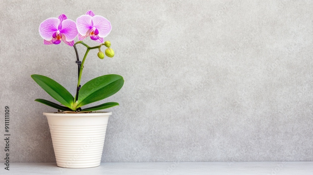 Elegant Orchid Plant in a Cream Pot Against a Gray Wall Background
