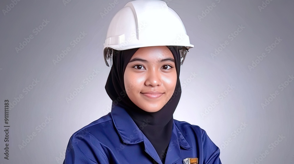 Young Female Engineer Wearing Safety Gear With Hard Hat in Studio Setting Young Female Engineer Wearing Safety Gear With Hard Hat in Studio Setting