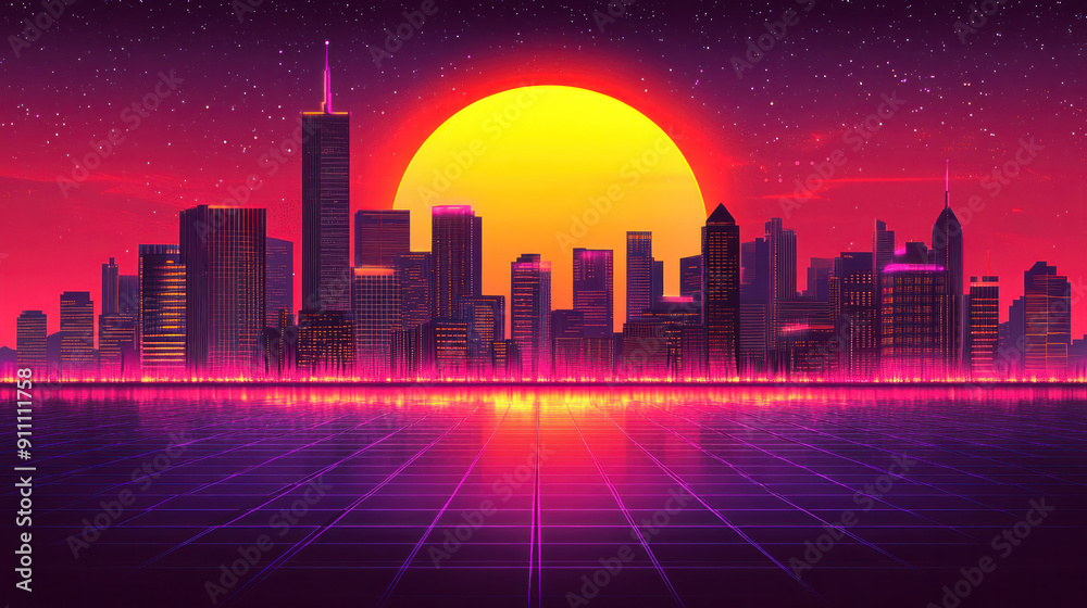 A city skyline with a large yellow sun in the background. The city is lit up with neon lights and the sky is filled with stars. Scene is vibrant and energetic A city skyline with a large yellow sun in the background. The city is lit up with neon lights and the sky is filled with stars. Scene is vibrant and energetic