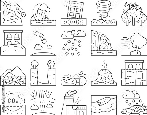Disaster Destruction Collection Icons Set Vector. Freezing Rain And Heavy Rainfall, Sandstorm And Hurricane, Forest Fire And Drought Disaster Contour Illustrations