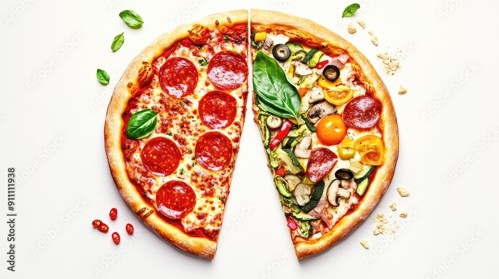 Vibrant illustration of a pizza split into halves, one side pepperoni and the other side veggie, with a clean white background Vibrant illustration of a pizza split into halves, one side pepperoni and the other side veggie, with a clean white background