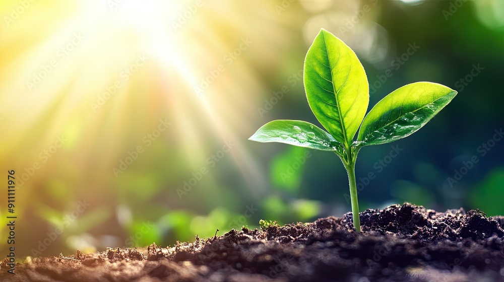 Young green plant growing in sunlight in a garden, symbolizing new beginnings and natural growth Young green plant growing in sunlight in a garden, symbolizing new beginnings and natural growth