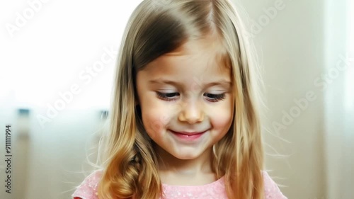 Portrait of a little blond girl, looking down and then looking at the cameta photo