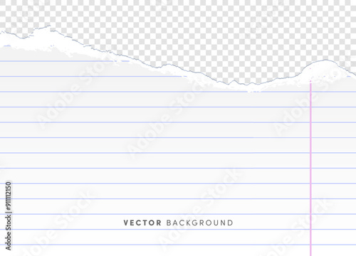Torn lined paper vector background. Horizontal empty ripped sheet of paper with lines, school notebook page for banner, decoration, design template.