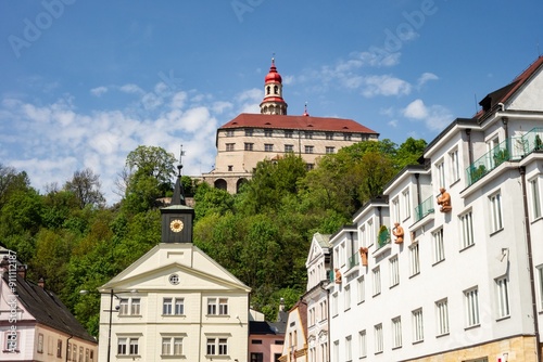 Cityscape of Nachod town in Czech Republic with castle and deanery