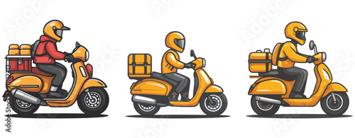 deliveryman riding scooters with delivery boxes, courier delivery cartoon, generative ai
