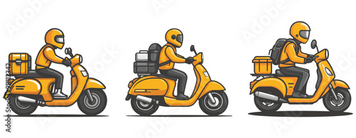 deliveryman riding scooters with delivery boxes, courier delivery cartoon, generative ai
