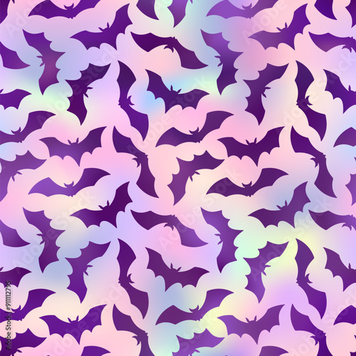 Obraz na płótnie Holographic Halloween Bat flat seamless pattern. Vector Happy Halloween print with flying purple bat silhouette on neon rainbow gradient background for wrapping, holiday decor, textile, wallpapers.