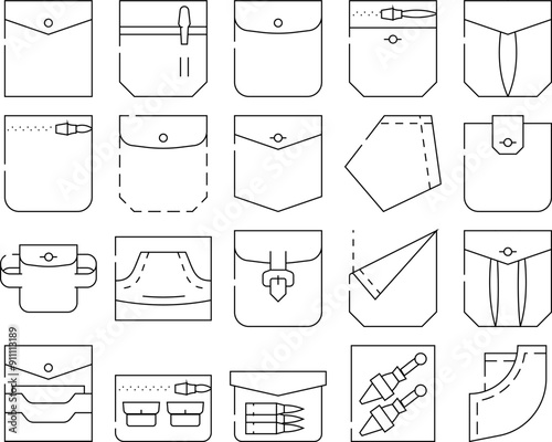 Patch Pocket Clothes Collection Icons Set Vector. Pocket With Clasp And Button For Storage Bullet And Knife, Credit Cards And Coins, Contour Illustrations