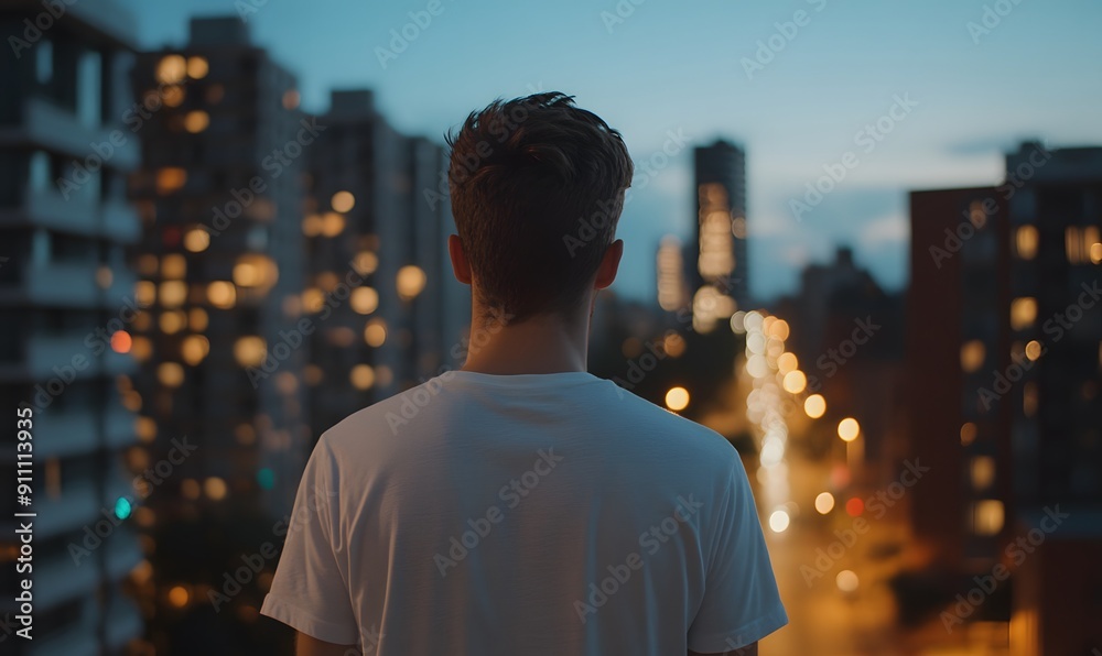 Young man looking at pitch black night sky with subtly lit buildings, Generative AI Young man looking at pitch black night sky with subtly lit buildings, Generative AI