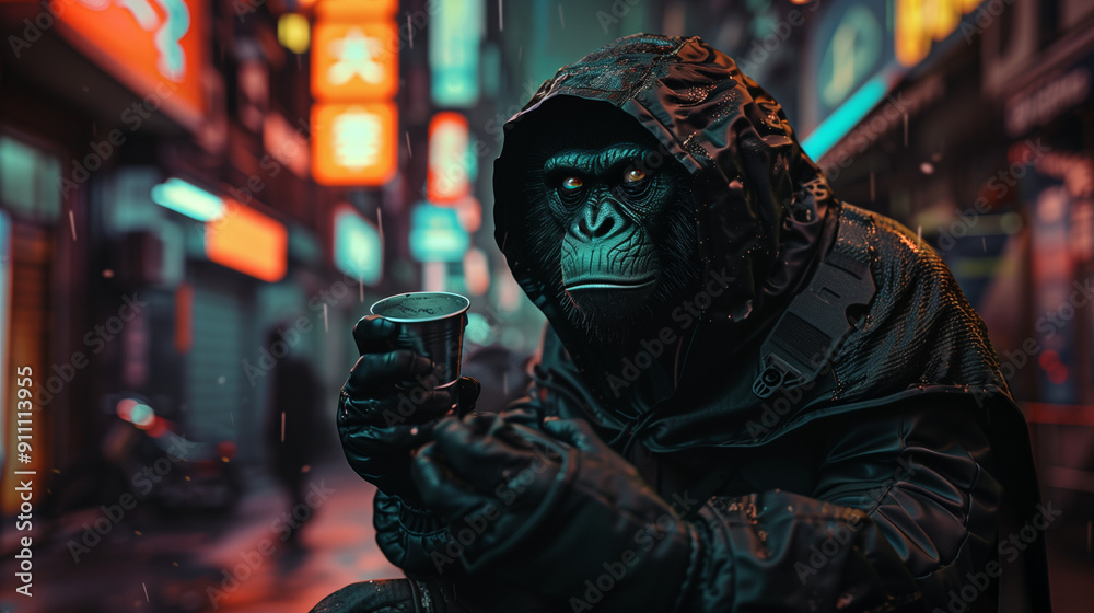 Fototapeta premium Hooded figure with ape mask in dark rain-soaked alley, illuminated by neon signs