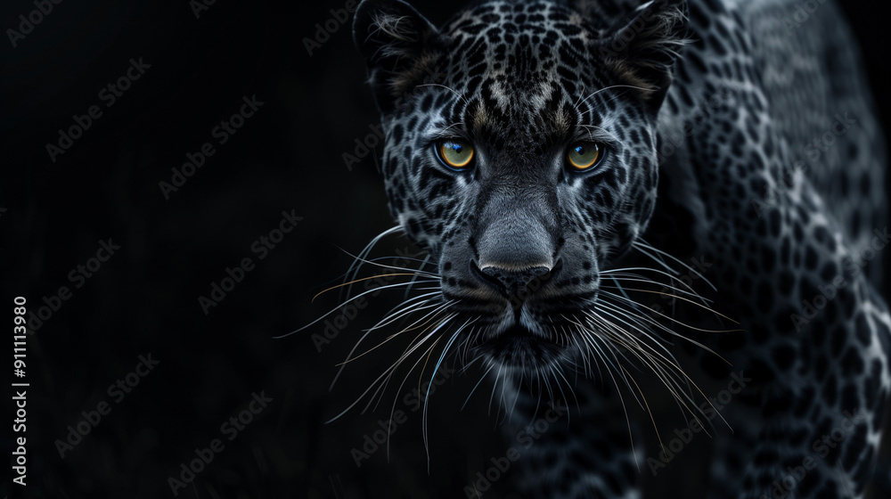 Close-up of a leopard with piercing yellow eyes in a dark setting, emphasizing its alertness and beauty Close-up of a leopard with piercing yellow eyes in a dark setting, emphasizing its alertness and beauty