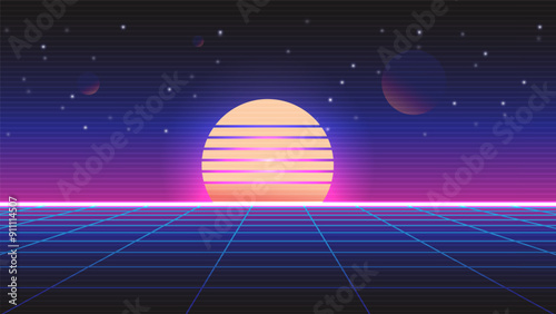 Retro background futuristic landscape 1980s style.Synthwave wireframe landscape. Digital retro landscape cyber surface. 80s party background.	