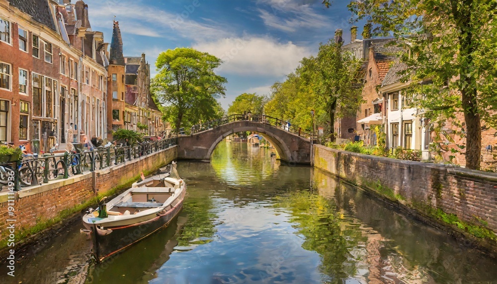 Fototapeta premium Historic Canal with Charming Old Boats and Bridges