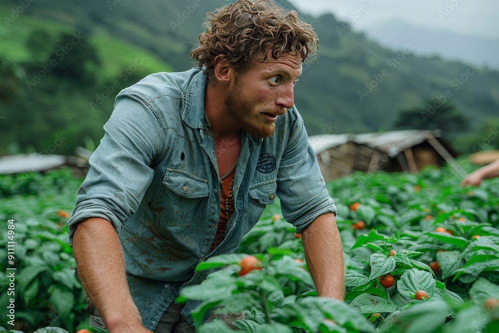 Fototapeta premium Man Inspecting Pepper Plants in a Lush Green Field