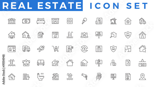 Real Estate minimal Line vector illustration. Housing, property, home loan, mortgage, icons set