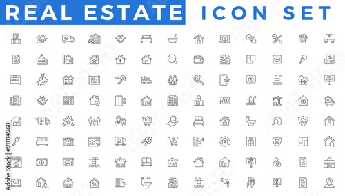 Real Estate minimal Line vector illustration. Housing, property, home loan, mortgage, icons set