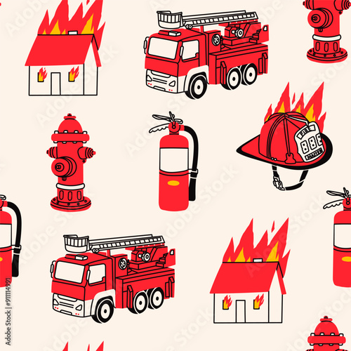 Firefighter Set. Emergency equipment. Burning house, helmet, hose, hydrant, extinguisher, fire truck. Hand drawn Vector illustration. Cartoon style. Square seamless Pattern, background, wallpaper