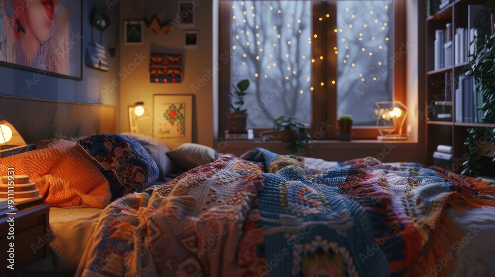 Cozy bedroom with patchwork quilt, warm lighting, and a peaceful view through large windows. Cozy bedroom with patchwork quilt, warm lighting, and a peaceful view through large windows.