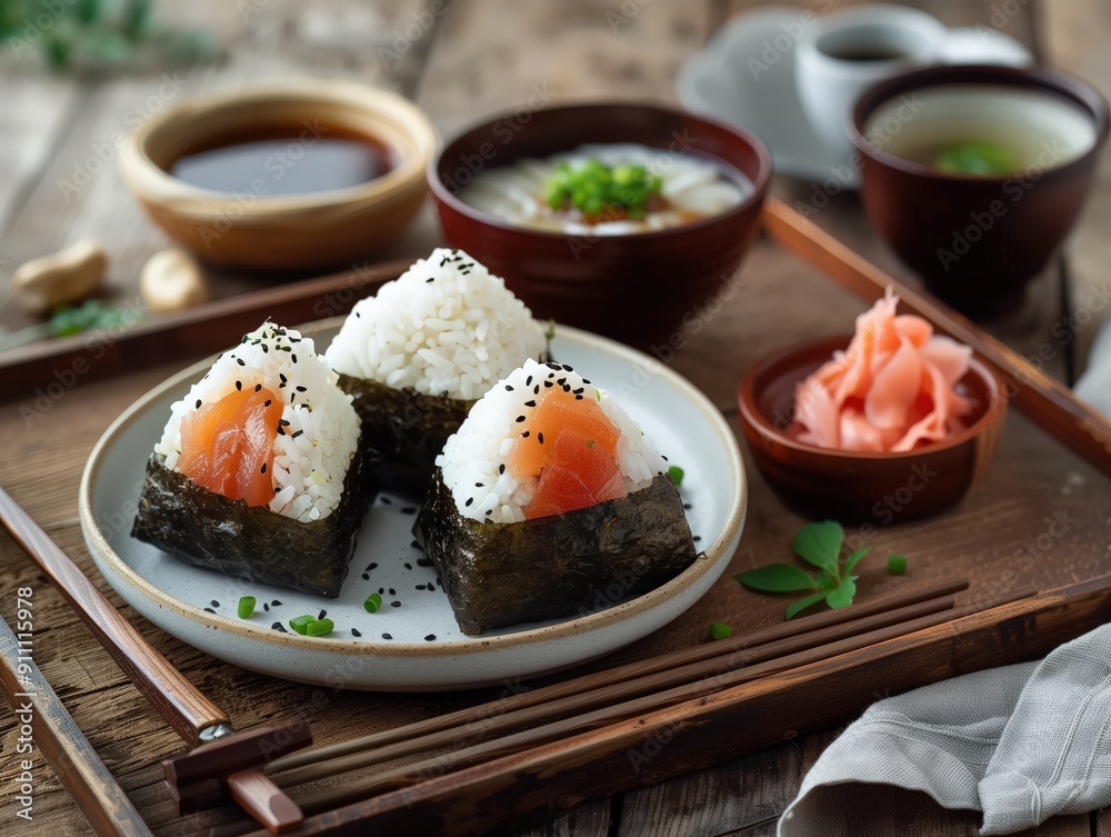 Salmon and Rice Onigiri with Pickled Ginger and Soy Sauce Salmon and Rice Onigiri with Pickled Ginger and Soy Sauce