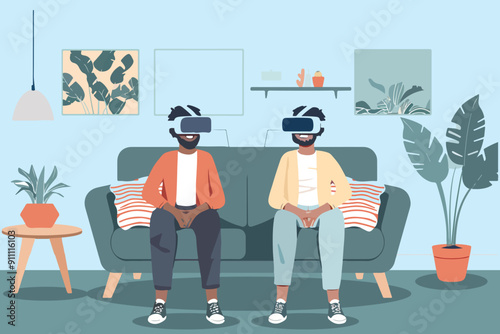 two people wearing VR glasses vector illustration