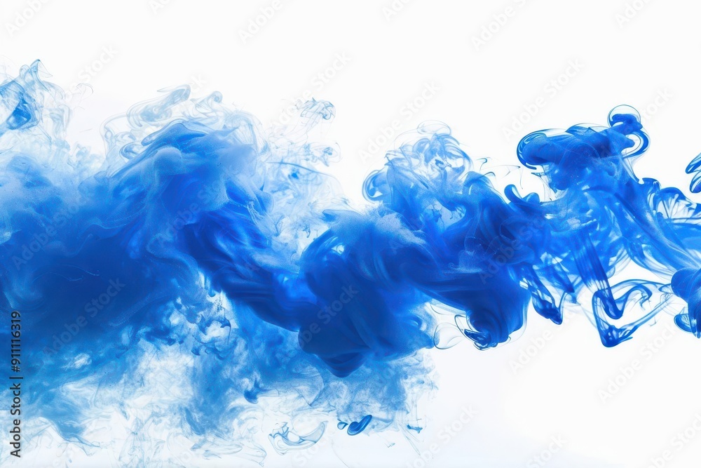 Fototapeta premium dramatic blue smoke explosion frozen in time against a stark white background creating an ethereal and mesmerizing visual effect with billowing tendrils