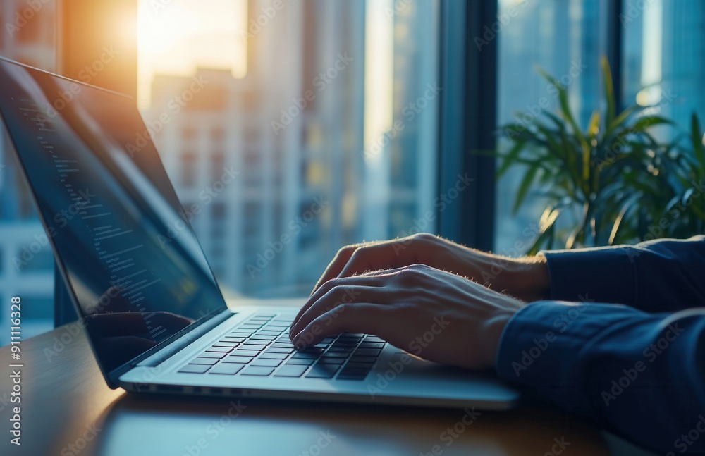 Close up hands of a businessman typing on a laptop keyboard at the office, focused on the hand and touchpad Close up hands of a businessman typing on a laptop keyboard at the office, focused on the hand and touchpad
