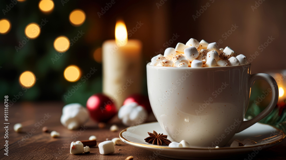 Hot cocoa with marshmallows in a ceramic cup on a table with a festive entourage against a background of blurry lights Hot cocoa with marshmallows in a ceramic cup on a table with a festive entourage against a background of blurry lights