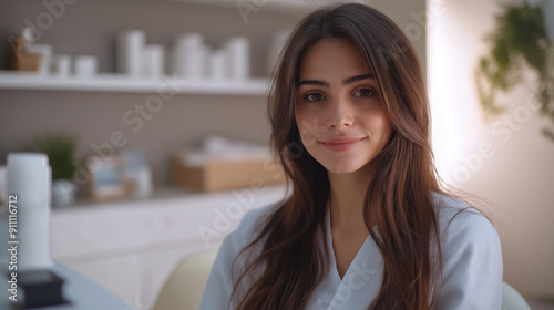 Young Woman in White Medical Attire Smiling in a Modern Clinic During Daylight
