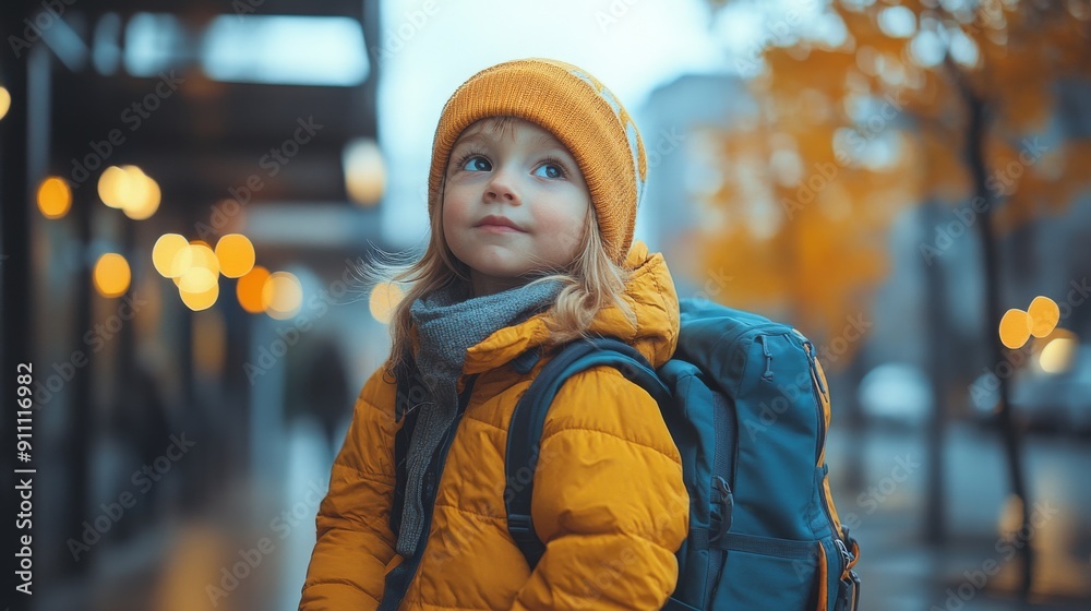 Young Child Wearing Yellow Jacket and Backpack Waiting at Bus Stop on a Cool Autumn Day Young Child Wearing Yellow Jacket and Backpack Waiting at Bus Stop on a Cool Autumn Day