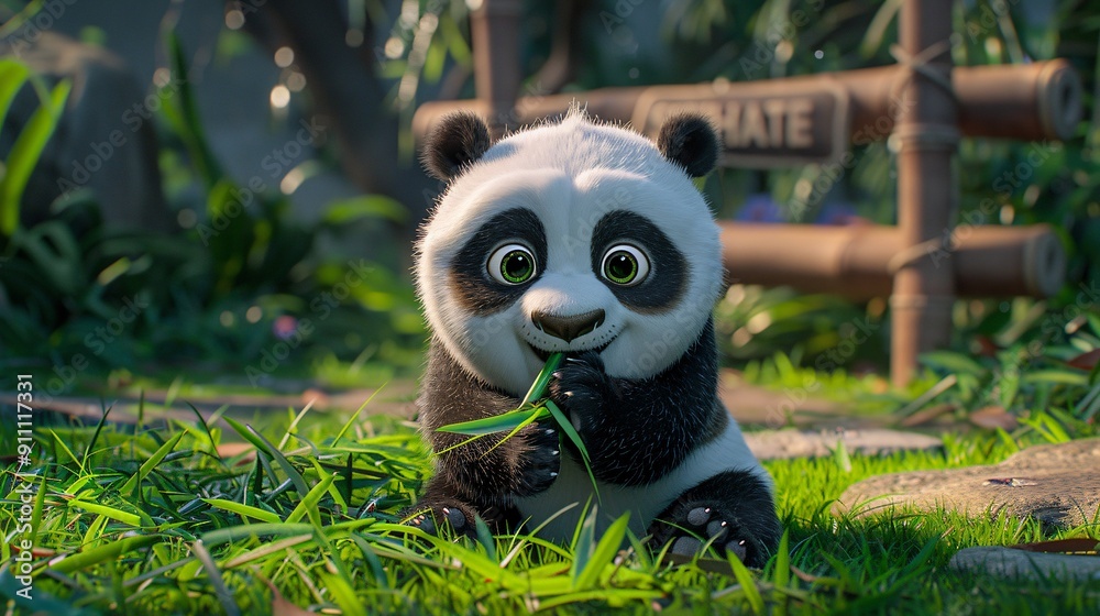 Cute Panda Cub Enjoying Bamboo Snack in a Lush Green Forest Cute Panda Cub Enjoying Bamboo Snack in a Lush Green Forest