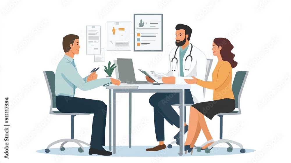 A healthcare consultation scene with a doctor discussing treatment options with a patient and caregiver at a modern desk. A healthcare consultation scene with a doctor discussing treatment options with a patient and caregiver at a modern desk.