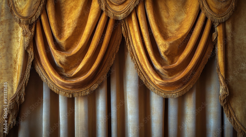 Naklejka premium Elegant golden curtains draped gracefully, adding a touch of luxury and sophistication to any interior space.