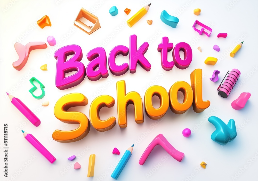 Obraz premium Back to School text with colorful letters and pencils on a white background.