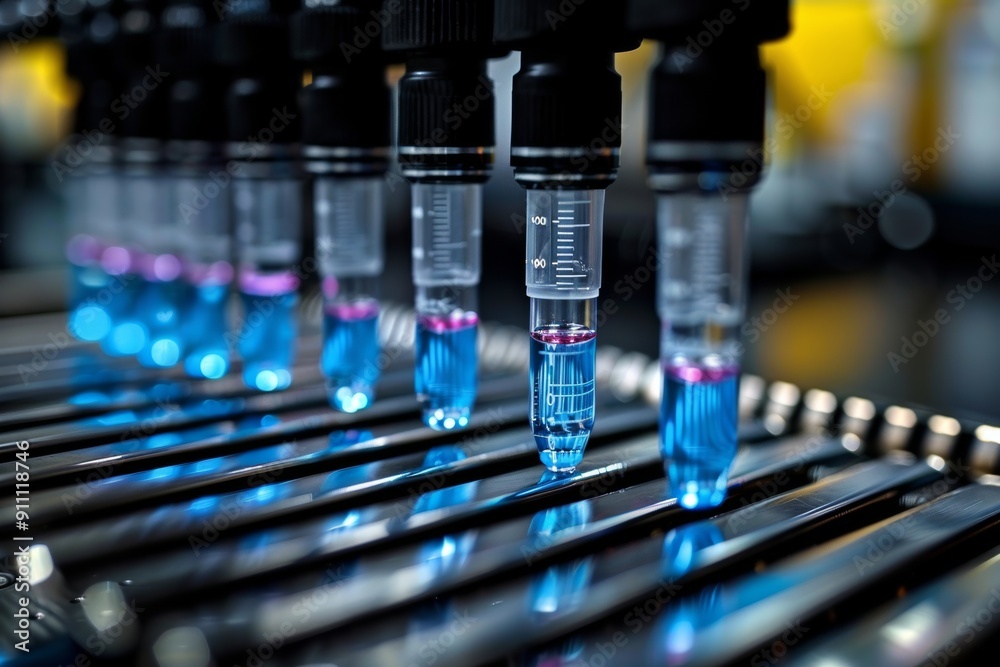 Automated Liquid Handling System With Blue Liquid Samples In Test Tubes Automated Liquid Handling System With Blue Liquid Samples In Test Tubes