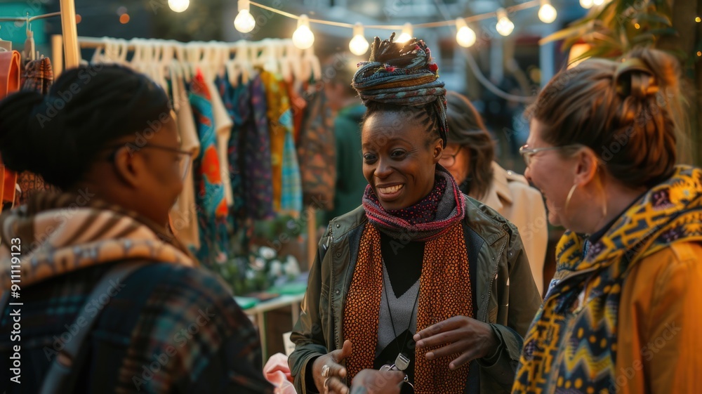 Obraz premium artist discussing her techniques for making bags from old clothes with customers in designer craft show,