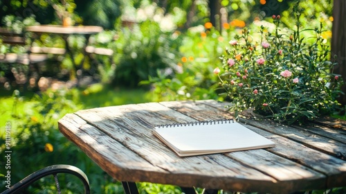 there is a notebook on the table in the garden. Selective focus
