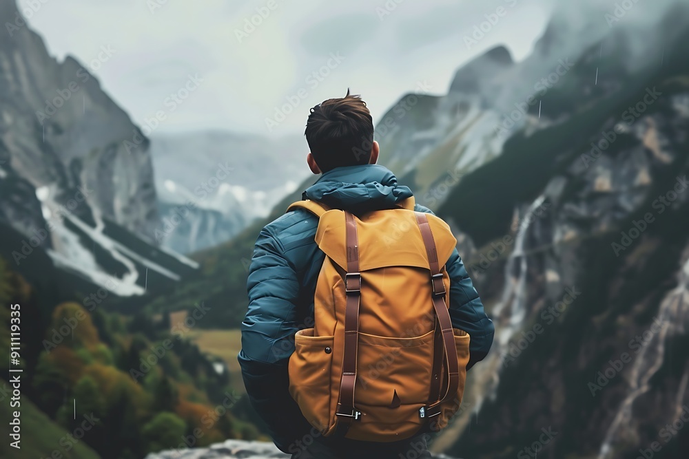 Man with a backpack looks out at a mountainous landscape. Man with a backpack looks out at a mountainous landscape.