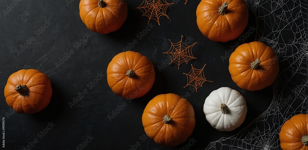 Happy halloween flat lay mockup with pumpkins and spider web on black background. Autumn holiday concept composition. Top view with copy space Happy halloween flat lay mockup with pumpkins and spider web on black background. Autumn holiday concept composition. Top view with copy space