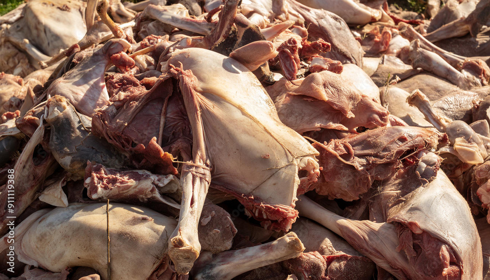 viel rohes Fleisch, Schlachtabfälle mit Knochen viel rohes Fleisch, Schlachtabfälle mit Knochen