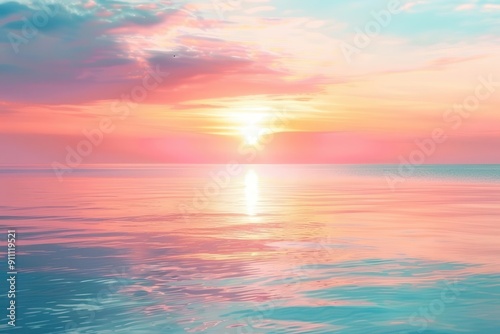 dreamlike coastal sunrise vibrant oranges and pinks blend into serene blues of sky and sea soft focus creates an impressionistic ethereal atmosphere