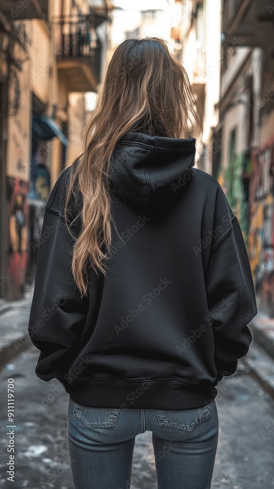 Artistic depiction of a model wearing a black hoodie, standing with her back to a vibrant graffiti wall. Fashion Mockup Concept. Artistic depiction of a model wearing a black hoodie, standing with her back to a vibrant graffiti wall. Fashion Mockup Concept.