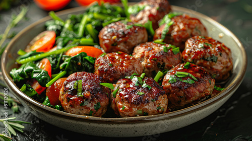 Tasty meatballs with roasted tomatoes and spinach