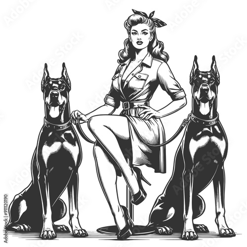 retro pin-up girl with dog Doberman, evoking a sense of vintage companionship sketch engraving generative ai fictional character vector illustration. Scratch board imitation. Black and white image.