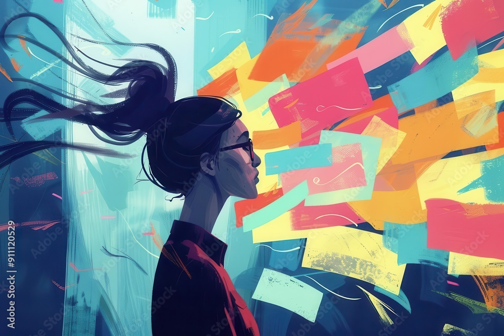 dynamic illustration of businesswoman using digital sticky notes for brainstorming incorporate flowing lines and abstract elements to convey creativity and innovation dynamic illustration of businesswoman using digital sticky notes for brainstorming incorporate flowing lines and abstract elements to convey creativity and innovation
