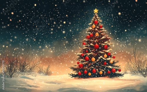 Wallpaper Mural A beautifully decorated Christmas tree stands in a snowy landscape, illuminated by soft lights and surrounded by falling snowflakes. Torontodigital.ca