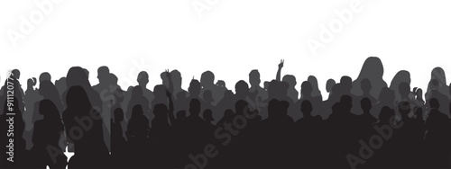 vector silhouette of a crowd of people watching a music concert in front of the stage with cheering and waving hands, suitable for poster, banner or advertising elements for concerts and parties