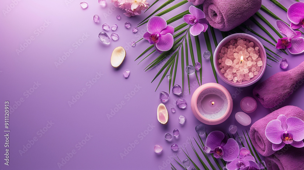 Spa and relaxation setup with candles, orchids, and palm leaves on a purple background. Peaceful and luxurious spa scene perfect for wellness themes, relaxation concepts, and beauty industry visuals. Spa and relaxation setup with candles, orchids, and palm leaves on a purple background. Peaceful and luxurious spa scene perfect for wellness themes, relaxation concepts, and beauty industry visuals.
