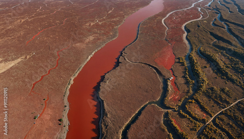 A stunning aerial view of a red river flowing through barren landscapes, ideal for travel, nature photography, and environmental awareness projects.