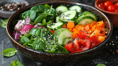 Mixed vegetable Salad with spinach on bowl 